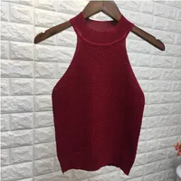 Slim Fit  Style Summer T-shirt Off-the-Shoulder Knitted Vest Top Women's Short Solid Color Commute Style sku image 7