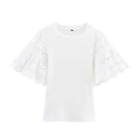 Summer New Women's Clothing Stylish Simple And Versatile Embroidered Sleeve T-shirt European Round Neck Short Sleeve Sweet Fresh Style sku image 4