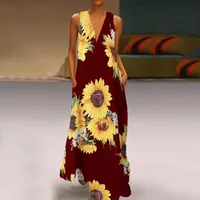 Fashion Bohemian Style Women Floral Print Sunflower Dress V-neck Sleeveless Pocket Summer Maxi Dress Vintage Style Ankle Length main image 1