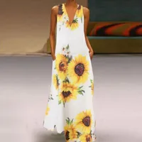 Fashion Bohemian Style Women Floral Print Sunflower Dress V-neck Sleeveless Pocket Summer Maxi Dress Vintage Style Ankle Length main image 2