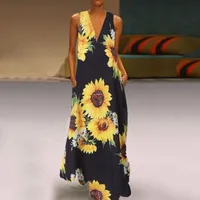 Fashion Bohemian Style Women Floral Print Sunflower Dress V-neck Sleeveless Pocket Summer Maxi Dress Vintage Style Ankle Length main image 4