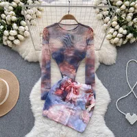 Elegant European Style Long Sleeve Bodysuit Skirt Outfit Women Summer High Waist Tight Sexy Girl Tulle Casual Wear main image 1