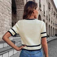Spring  New Women's Knitted Sweater Short Round Neck Pullover Multicolor V-neck Quarter Sleeve Slim Top main image 3