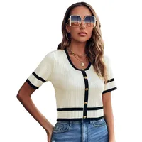 Spring  New Women's Knitted Sweater Short Round Neck Pullover Multicolor V-neck Quarter Sleeve Slim Top main image 4