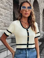 Spring  New Women's Knitted Sweater Short Round Neck Pullover Multicolor V-neck Quarter Sleeve Slim Top sku image 2