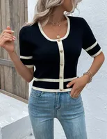 Spring  New Women's Knitted Sweater Short Round Neck Pullover Multicolor V-neck Quarter Sleeve Slim Top sku image 8