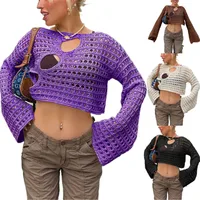 Fashion Hollow-out Knitted Blouse T-shirt Women's Summer New Fashion Irregular Hole Design Round Neck Long Sleeve main image 1