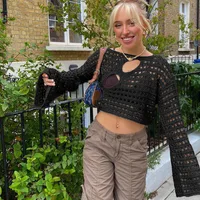 Fashion Hollow-out Knitted Blouse T-shirt Women's Summer New Fashion Irregular Hole Design Round Neck Long Sleeve main image 2