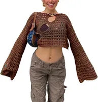 Fashion Hollow-out Knitted Blouse T-shirt Women's Summer New Fashion Irregular Hole Design Round Neck Long Sleeve main image 3