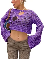 Fashion Hollow-out Knitted Blouse T-shirt Women's Summer New Fashion Irregular Hole Design Round Neck Long Sleeve main image 4