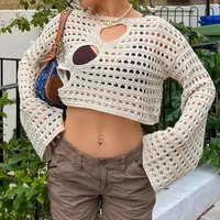 Fashion Hollow-out Knitted Blouse T-shirt Women's Summer New Fashion Irregular Hole Design Round Neck Long Sleeve sku image 1