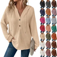 Autumn And Winter Women's Long-Sleeved Hoodie Solid Color Buttons Loose Design Sweatshirt Fresh Sweet Style Woven Polyester Fabric main image 1