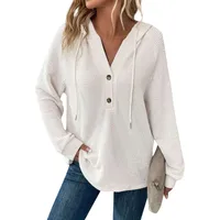 Autumn And Winter Women's Long-Sleeved Hoodie Solid Color Buttons Loose Design Sweatshirt Fresh Sweet Style Woven Polyester Fabric main image 2