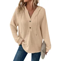 Autumn And Winter Women's Long-Sleeved Hoodie Solid Color Buttons Loose Design Sweatshirt Fresh Sweet Style Woven Polyester Fabric main image 3