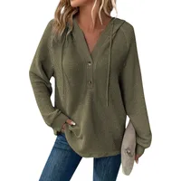 Autumn And Winter Women's Long-Sleeved Hoodie Solid Color Buttons Loose Design Sweatshirt Fresh Sweet Style Woven Polyester Fabric main image 4