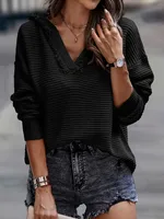 Fashion Hooded Knitted Long-Sleeved Sweater Women's Spring And Autumn New Solid Color Frayed Pullover Casual Style sku image 4