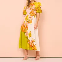Fashion Summer Print Dress Puff Sleeve Wide Hem Elegant Waistline Ankle Length Polyester Women's Clothing main image 1