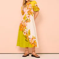 Fashion Summer Print Dress Puff Sleeve Wide Hem Elegant Waistline Ankle Length Polyester Women's Clothing main image 3