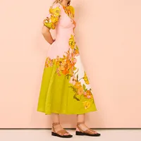Fashion Summer Print Dress Puff Sleeve Wide Hem Elegant Waistline Ankle Length Polyester Women's Clothing main image 4
