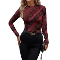Fashion Street Style Long Sleeve Round Neck Leopard-Print Slim-Fit Women's T-shirt Polyester Spandex Blend main image 5