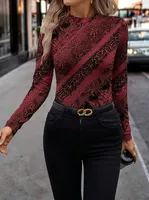 Fashion Street Style Long Sleeve Round Neck Leopard-Print Slim-Fit Women's T-shirt Polyester Spandex Blend sku image 4