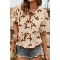 Summer 2025 Women's Short Sleeve T-shirt Butterfly Knot Round Neck Print Casual Style Cotton Bubble Sleeve Loose Fit Top main image 3
