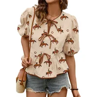 Summer 2025 Women's Short Sleeve T-shirt Butterfly Knot Round Neck Print Casual Style Cotton Bubble Sleeve Loose Fit Top sku image 2
