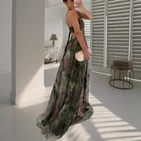 Elegant V-neck Backless Print Mesh Dress Summer Spring New Vacation Party Dress Sleeveless And Floor Dress main image 2