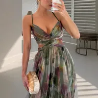 Elegant V-neck Backless Print Mesh Dress Summer Spring New Vacation Party Dress Sleeveless And Floor Dress main image 3