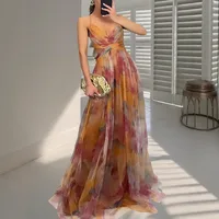 Elegant V-neck Backless Print Mesh Dress Summer Spring New Vacation Party Dress Sleeveless And Floor Dress main image 4