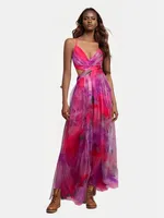 Elegant V-neck Backless Print Mesh Dress Summer Spring New Vacation Party Dress Sleeveless And Floor Dress sku image 6