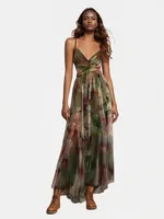 Elegant V-neck Backless Print Mesh Dress Summer Spring New Vacation Party Dress Sleeveless And Floor Dress sku image 10