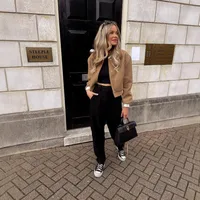 Women's Casual Double Pocket Stand Collar Motorcycle Flight Jacket Outerwear Color Block Long Sleeve Oversized Baseball Vest main image 1