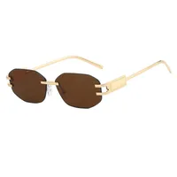 Unisex Fashionable Metal Frameless Sunglasses Square Shape Anti-Reflective PC Lens Travel Fishing Special Use Grey Gold Color sku image 4
