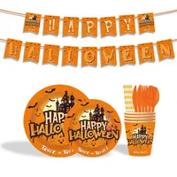 Halloween Party Supplies Castle Theme Paper Cups Plates Tablecloth Banner Decoration Set Festive American Style Party Props main image 3