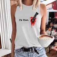 Printed Round Neck Vest I'm Fine Ladies' T-shirt Polyester Fabric Sleeveless Street Style High Street Fashion European Style main image 1