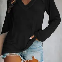 Women's Fashionable Casual Solid Color V-neck Long Sleeve T-shirt Various Patterns Available Polyester Fabric Shoulder Style main image 2