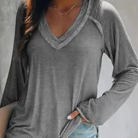 Women's Fashionable Casual Solid Color V-neck Long Sleeve T-shirt Various Patterns Available Polyester Fabric Shoulder Style main image 3