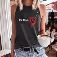 Printed Round Neck Vest I'm Fine Ladies' T-shirt Polyester Fabric Sleeveless Street Style High Street Fashion European Style main image 2