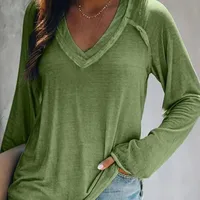 Women's Fashionable Casual Solid Color V-neck Long Sleeve T-shirt Various Patterns Available Polyester Fabric Shoulder Style main image 4