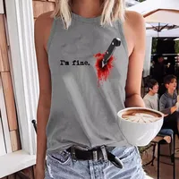 Printed Round Neck Vest I'm Fine Ladies' T-shirt Polyester Fabric Sleeveless Street Style High Street Fashion European Style main image 4