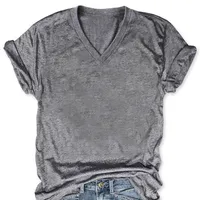 Ladies Fashion Casual Solid Color V-neck Short Sleeve T-shirt Various Patterns Available Loose Fit Street Style Polyester Fabric main image 2