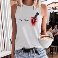 Printed Round Neck Vest I'm Fine Ladies' T-shirt Polyester Fabric Sleeveless Street Style High Street Fashion European Style main image 5
