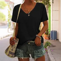 Fashionable Casual Solid Color Short Sleeve Women's T-shirt Various Patterns Available One Piece Order Polyester V-neck Loose Fit main image 1