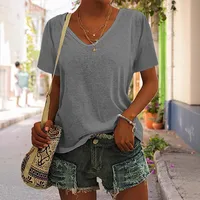 Fashionable Casual Solid Color Short Sleeve Women's T-shirt Various Patterns Available One Piece Order Polyester V-neck Loose Fit main image 2