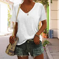 Fashionable Casual Solid Color Short Sleeve Women's T-shirt Various Patterns Available One Piece Order Polyester V-neck Loose Fit main image 3