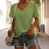 Fashionable Casual Solid Color Short Sleeve Women's T-shirt Various Patterns Available One Piece Order Polyester V-neck Loose Fit main image 4