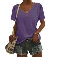 Fashionable Casual Solid Color Short Sleeve Women's T-shirt Various Patterns Available One Piece Order Polyester V-neck Loose Fit main image 5