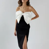 Sexy French Style Commute Long Dress High Slit Butterfly Knot Dress  Style Midi Dress Pure Color Gown main image 1