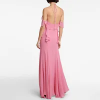 Elegant Pink Maxi Dress With Slit Deep V Neck Strapless Gored Hemline Polyester Fiber No Sleeve Ankle Length Formal Dress main image 2
